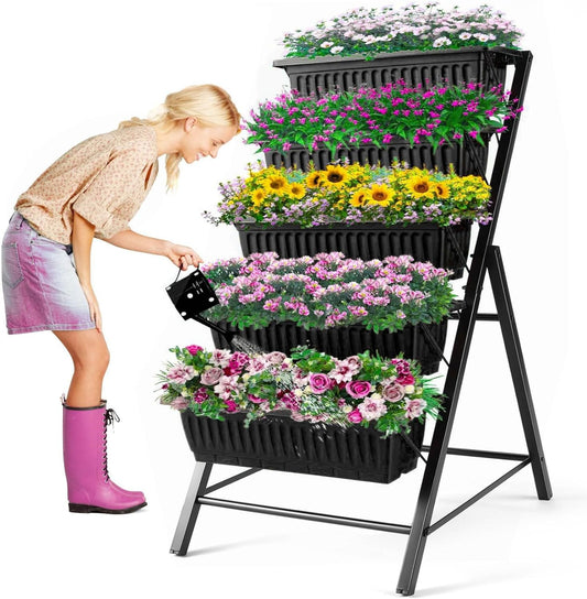 3.74FT Vertical Garden Bed, 5 Tiers Vertical Raised Garden Planter, 23 * 26 * 45Inch Outdoor Garden Raised Bed with 4 Hooks, Vegetable Flower Planter Raised Stand for Garden Patio Yard, Black