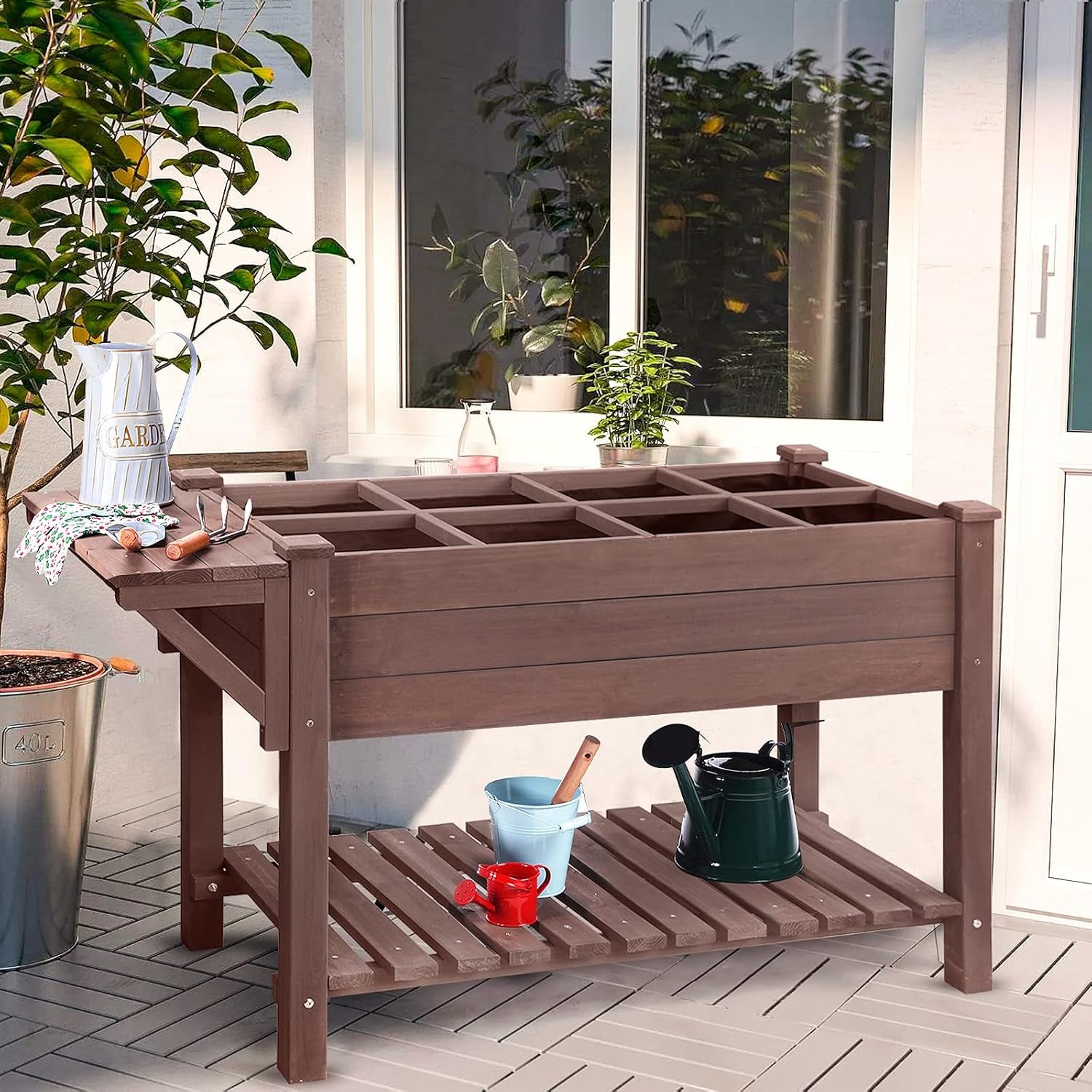 Raised Garden Bed, Elevated Plant Boxes Outdoor Large with Grow Grid - with Large Storage Shelf 52.7" X 22" X 30"