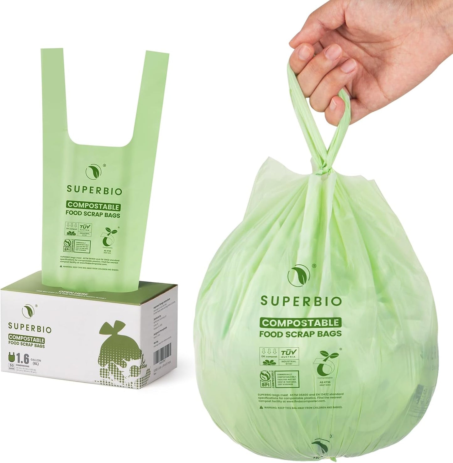 1.6 Gallon Handle Tie Compostable Food Scrap Bags for Counter Top Compost Bin, Small Compost Bags, 50 Count, 6 Liter, BPI & OK Compost INDUSTRIAL Certified