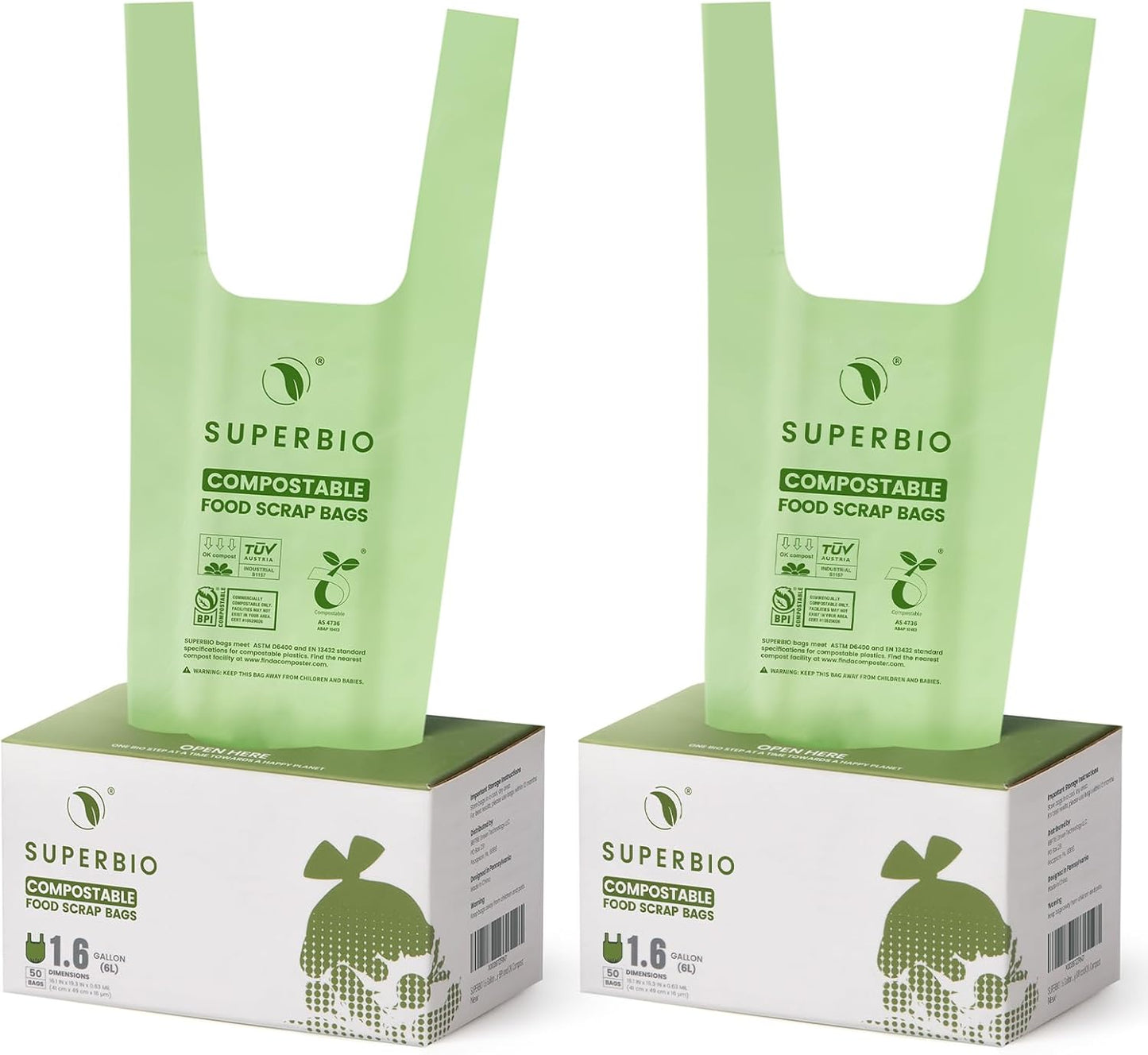 1.6 Gallon Handle Tie Compostable Food Scrap Bags for Counter Top Compost Bin, Small Compost Bags, 50 Count, 6 Liter, BPI & OK Compost INDUSTRIAL Certified