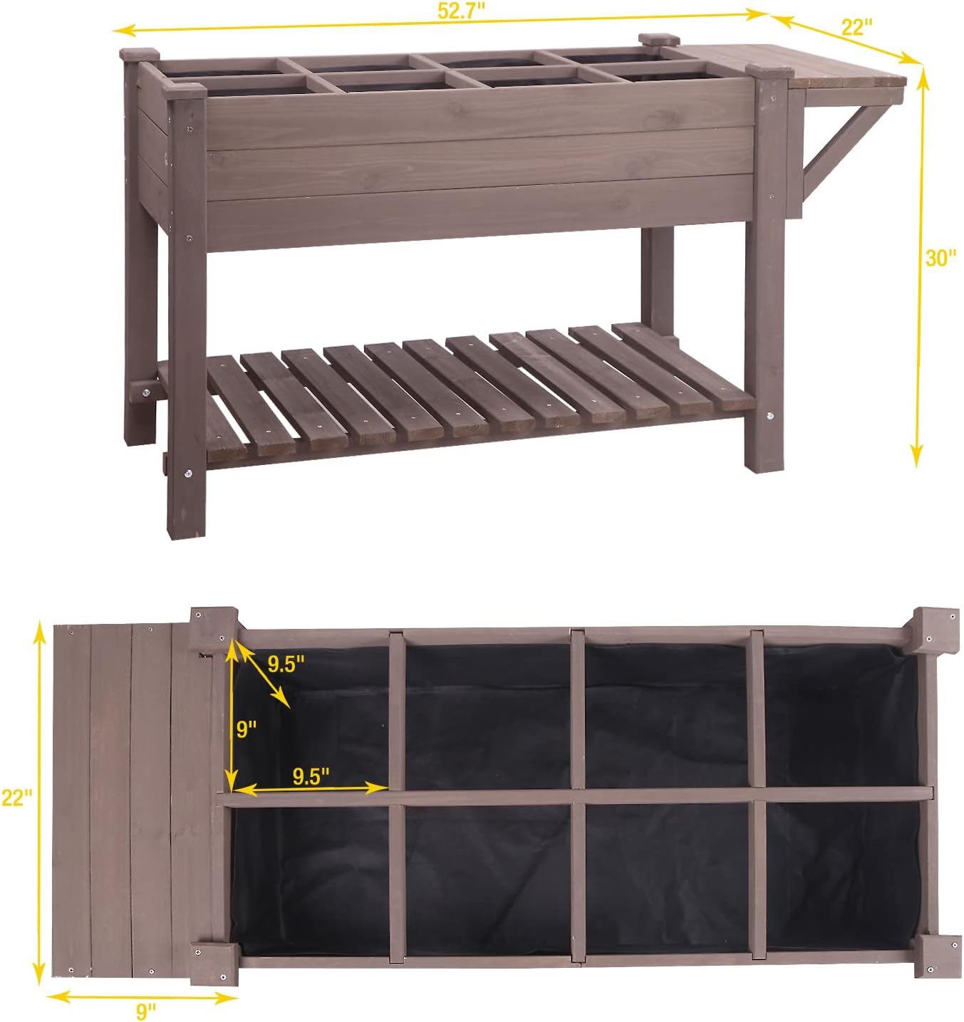 Raised Garden Bed, Elevated Plant Boxes Outdoor Large with Grow Grid - with Large Storage Shelf 52.7" X 22" X 30"