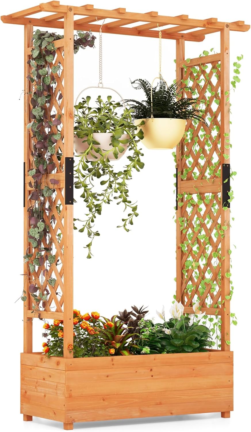 45-Inch Raised Garden Bed with Arch Trellis, Hanging Roof, Planter Box, Drainage Holes, Vertical Plant Container for Vine Climbing Plant Flower, Standing Wood Planter for Garden Patio Yard