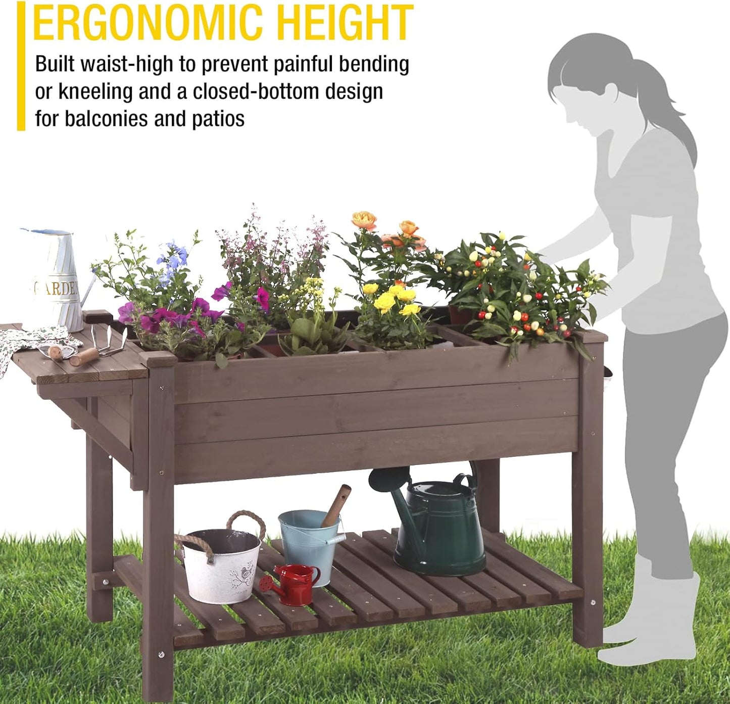 Raised Garden Bed, Elevated Plant Boxes Outdoor Large with Grow Grid - with Large Storage Shelf 52.7" X 22" X 30"