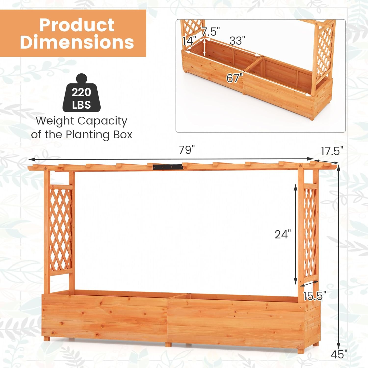 45-Inch Raised Garden Bed with Arch Trellis, Hanging Roof, Planter Box, Drainage Holes, Vertical Plant Container for Vine Climbing Plant Flower, Standing Wood Planter for Garden Patio Yard