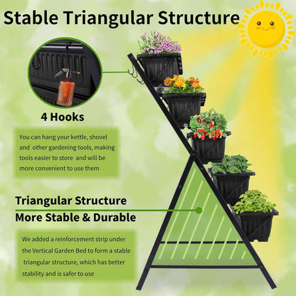 3.74FT Vertical Garden Bed, 5 Tiers Vertical Raised Garden Planter, 23 * 26 * 45Inch Outdoor Garden Raised Bed with 4 Hooks, Vegetable Flower Planter Raised Stand for Garden Patio Yard, Black