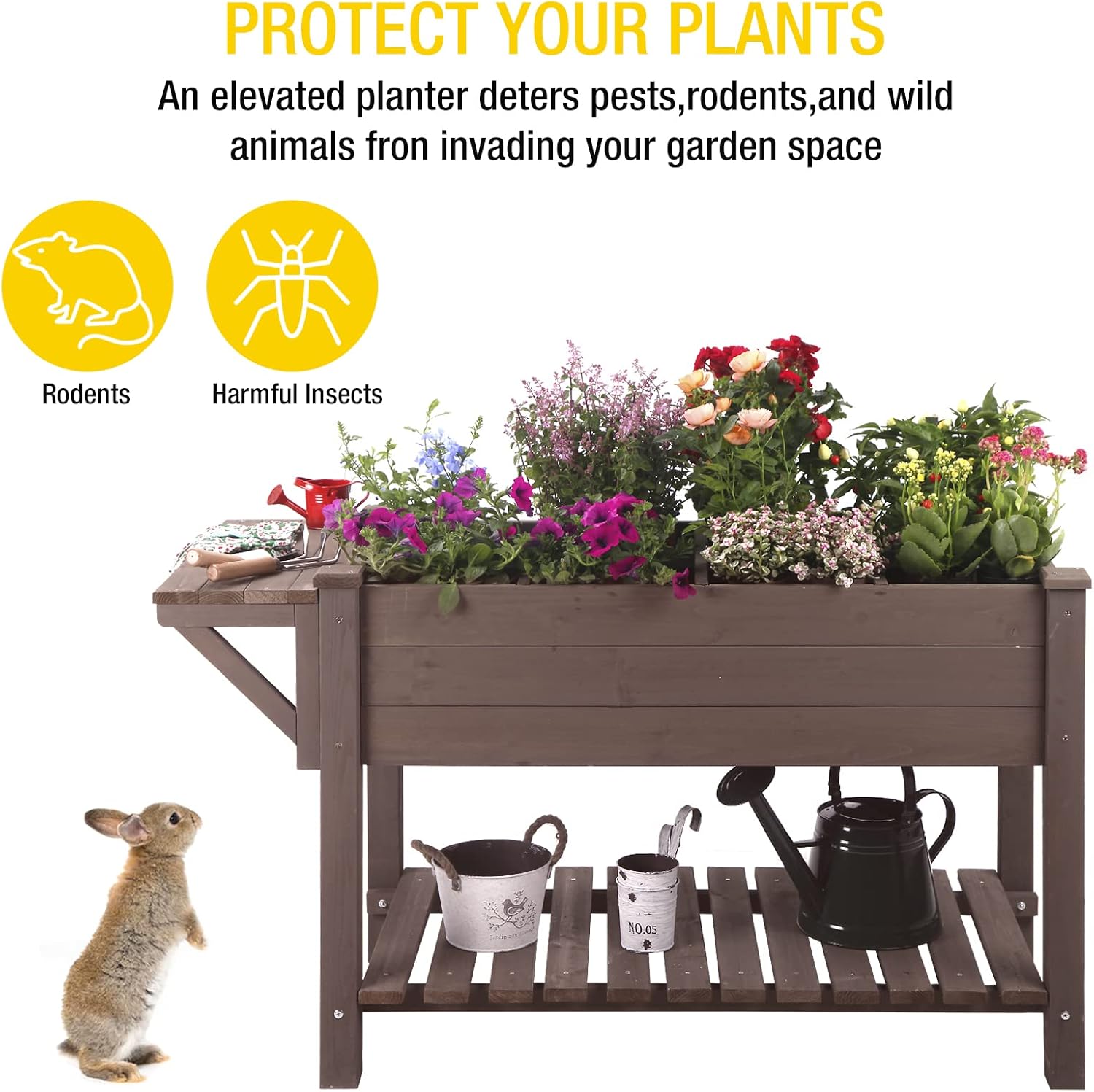 Raised Garden Bed, Elevated Plant Boxes Outdoor Large with Grow Grid - with Large Storage Shelf 52.7" X 22" X 30"