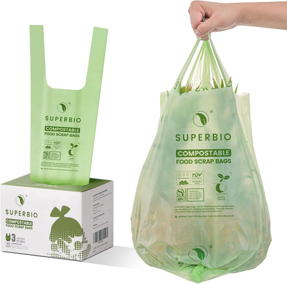 1.6 Gallon Handle Tie Compostable Food Scrap Bags for Counter Top Compost Bin, Small Compost Bags, 50 Count, 6 Liter, BPI & OK Compost INDUSTRIAL Certified