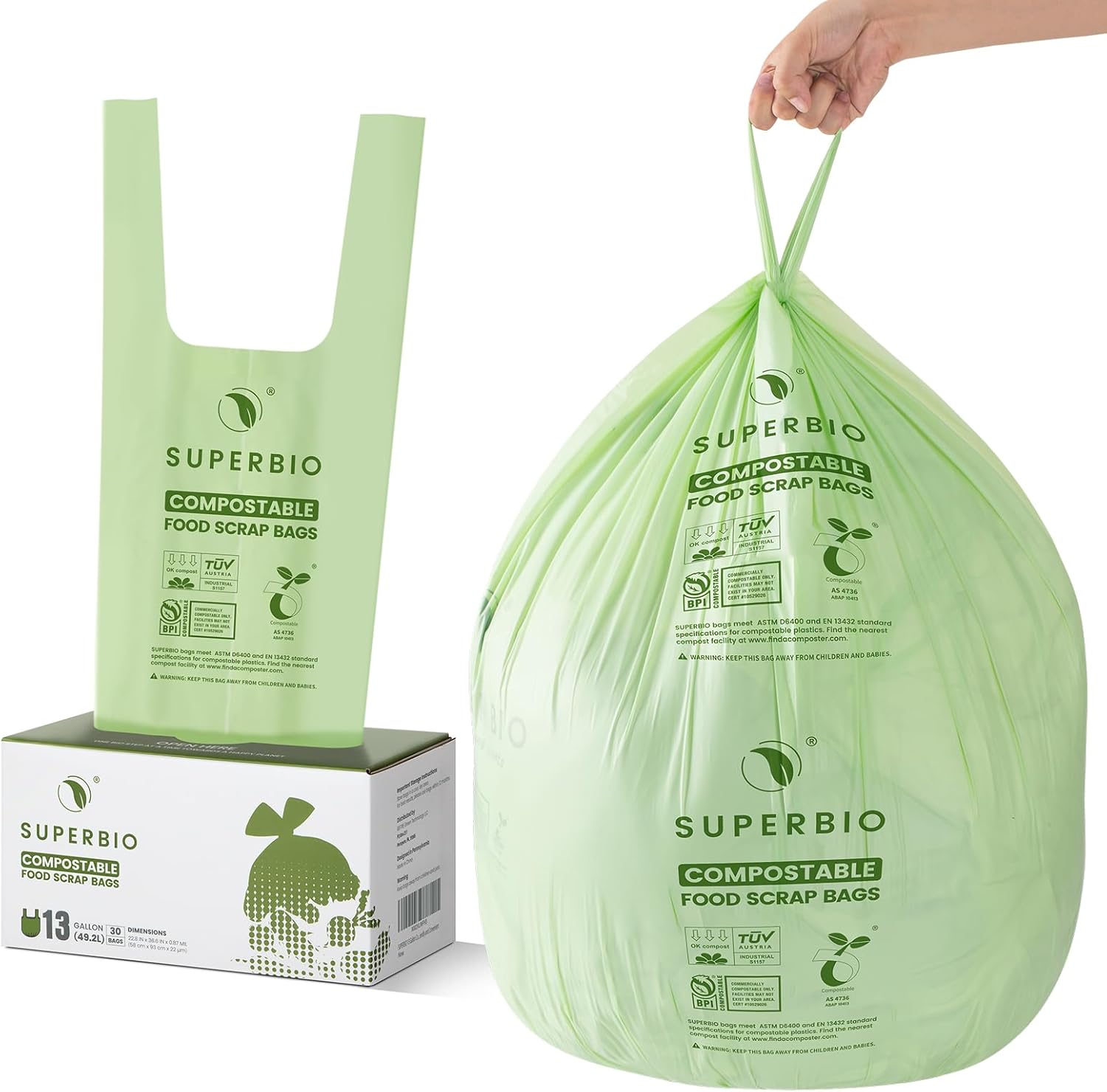 1.6 Gallon Handle Tie Compostable Food Scrap Bags for Counter Top Compost Bin, Small Compost Bags, 50 Count, 6 Liter, BPI & OK Compost INDUSTRIAL Certified