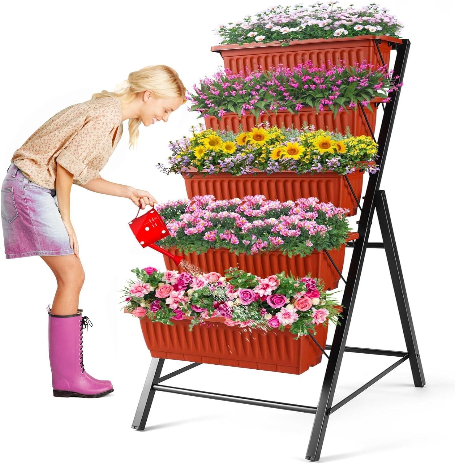 3.74FT Vertical Garden Bed, 5 Tiers Vertical Raised Garden Planter, 23 * 26 * 45Inch Outdoor Garden Raised Bed with 4 Hooks, Vegetable Flower Planter Raised Stand for Garden Patio Yard, Black