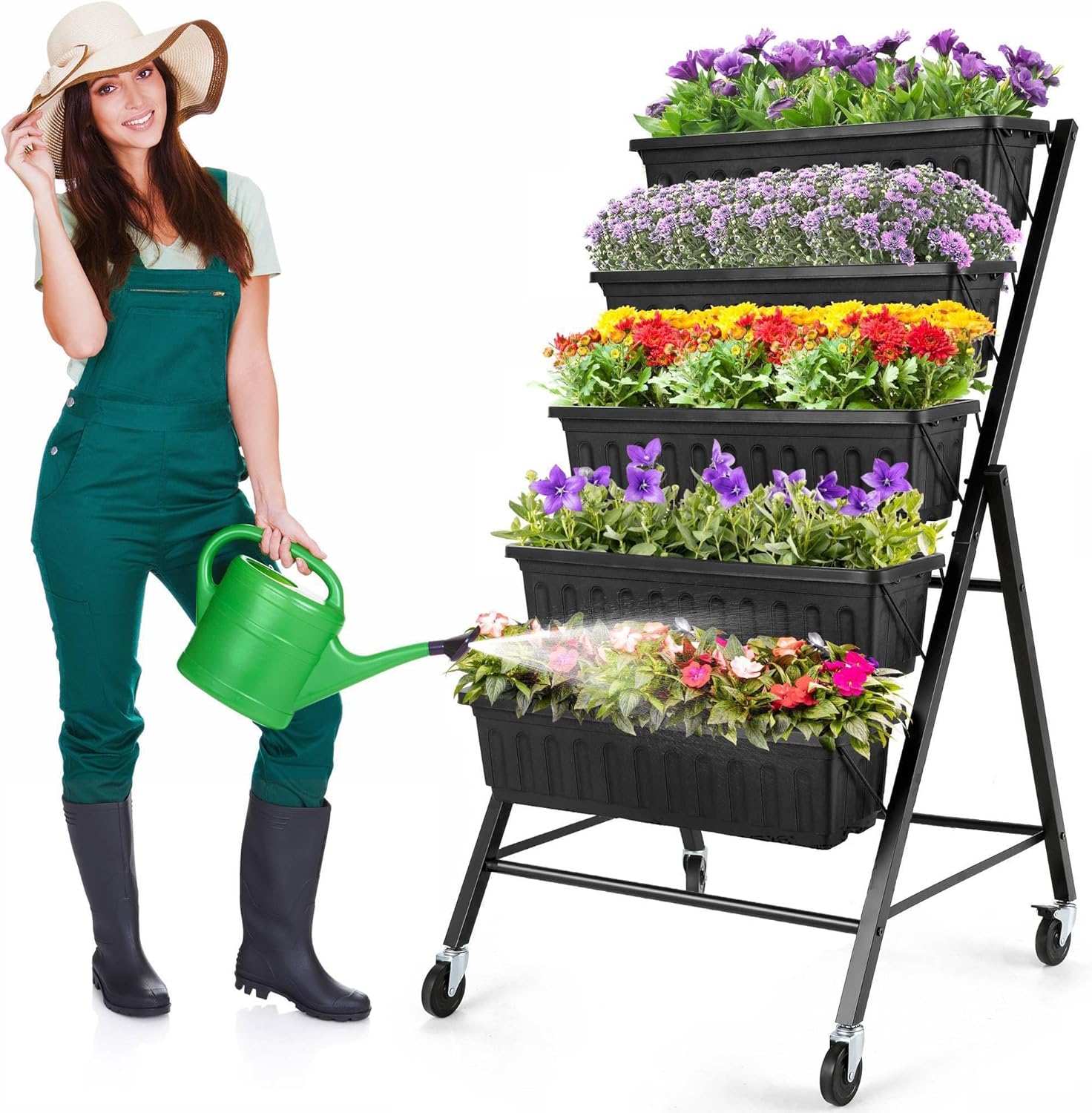 3.74FT Vertical Garden Bed, 5 Tiers Vertical Raised Garden Planter, 23 * 26 * 45Inch Outdoor Garden Raised Bed with 4 Hooks, Vegetable Flower Planter Raised Stand for Garden Patio Yard, Black