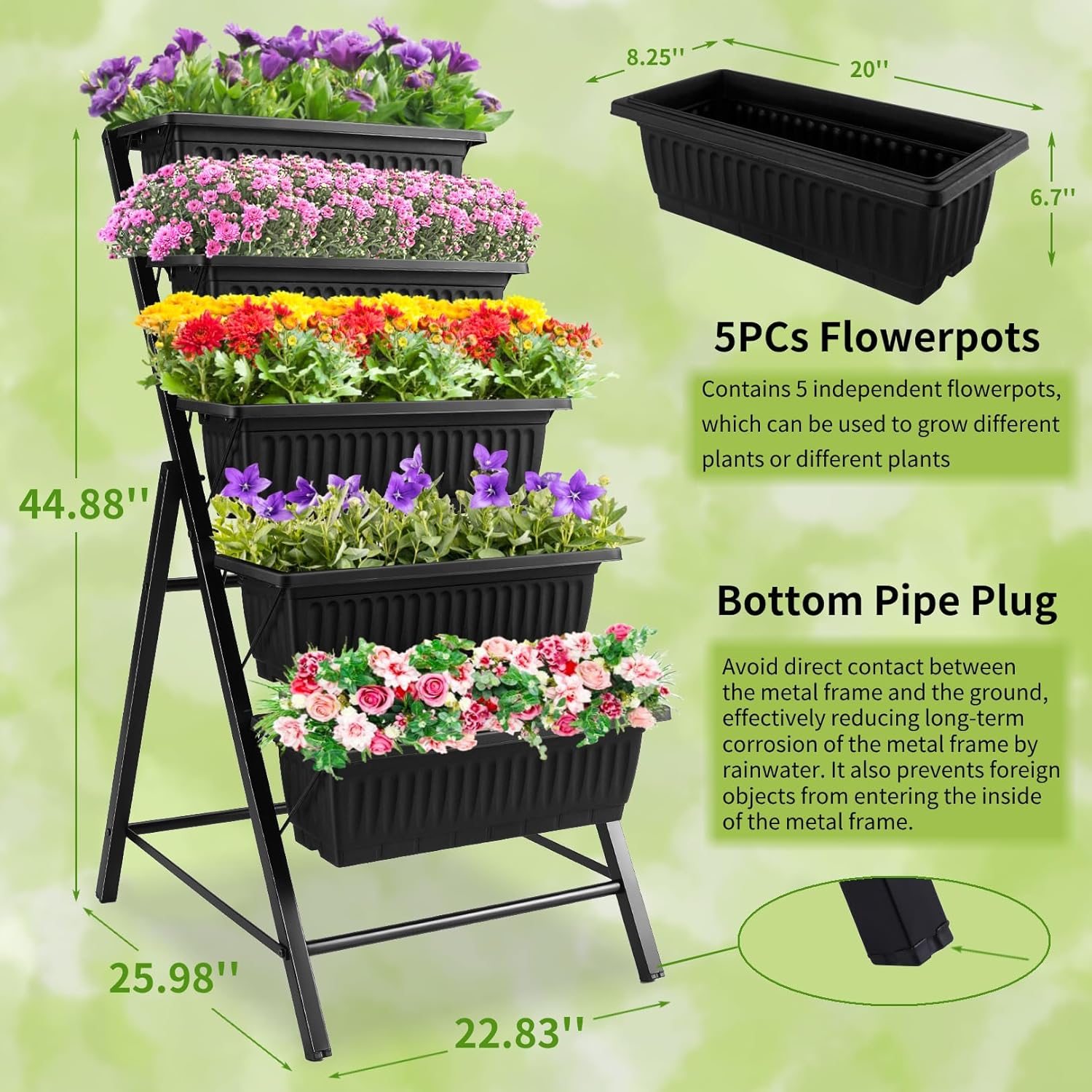 3.74FT Vertical Garden Bed, 5 Tiers Vertical Raised Garden Planter, 23 * 26 * 45Inch Outdoor Garden Raised Bed with 4 Hooks, Vegetable Flower Planter Raised Stand for Garden Patio Yard, Black