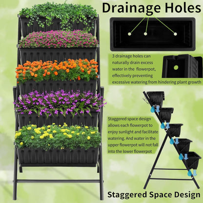 3.74FT Vertical Garden Bed, 5 Tiers Vertical Raised Garden Planter, 23 * 26 * 45Inch Outdoor Garden Raised Bed with 4 Hooks, Vegetable Flower Planter Raised Stand for Garden Patio Yard, Black