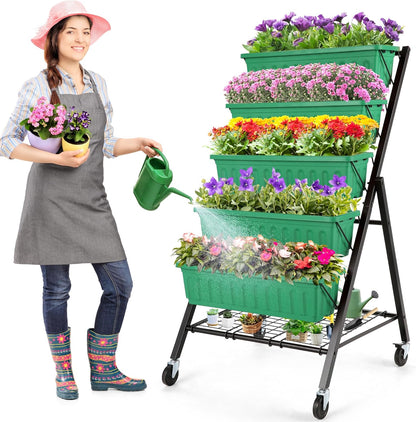 3.74FT Vertical Garden Bed, 5 Tiers Vertical Raised Garden Planter, 23 * 26 * 45Inch Outdoor Garden Raised Bed with 4 Hooks, Vegetable Flower Planter Raised Stand for Garden Patio Yard, Black