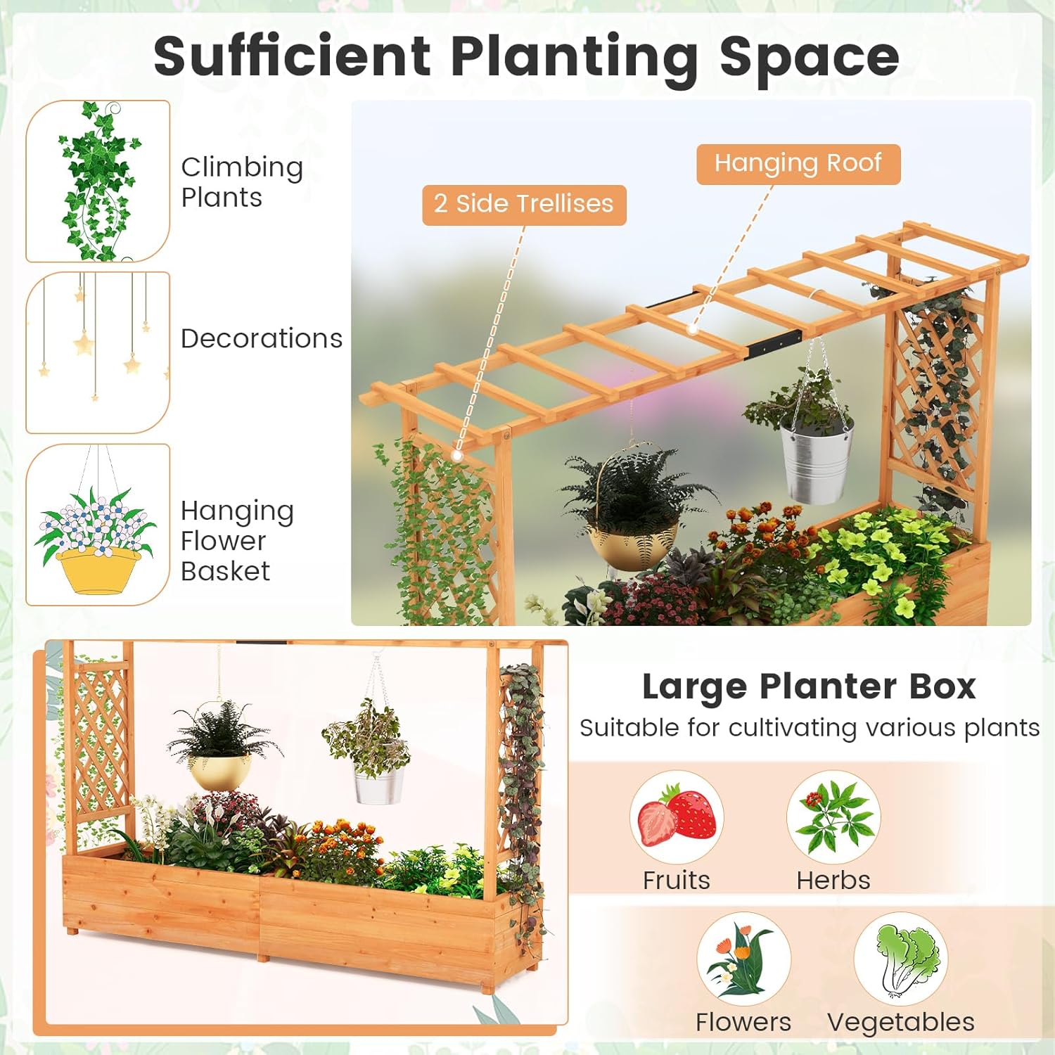 45-Inch Raised Garden Bed with Arch Trellis, Hanging Roof, Planter Box, Drainage Holes, Vertical Plant Container for Vine Climbing Plant Flower, Standing Wood Planter for Garden Patio Yard