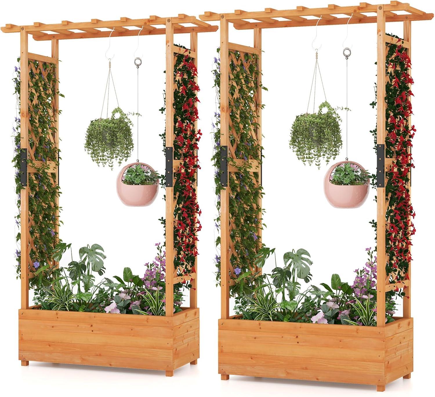 45-Inch Raised Garden Bed with Arch Trellis, Hanging Roof, Planter Box, Drainage Holes, Vertical Plant Container for Vine Climbing Plant Flower, Standing Wood Planter for Garden Patio Yard