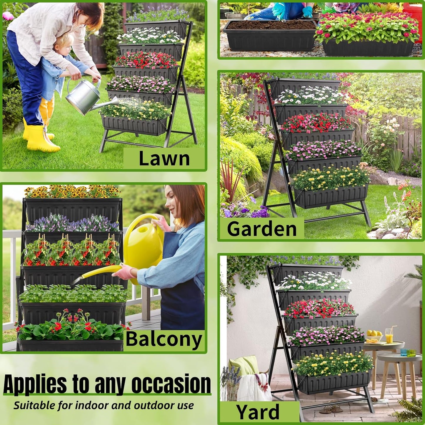 3.74FT Vertical Garden Bed, 5 Tiers Vertical Raised Garden Planter, 23 * 26 * 45Inch Outdoor Garden Raised Bed with 4 Hooks, Vegetable Flower Planter Raised Stand for Garden Patio Yard, Black