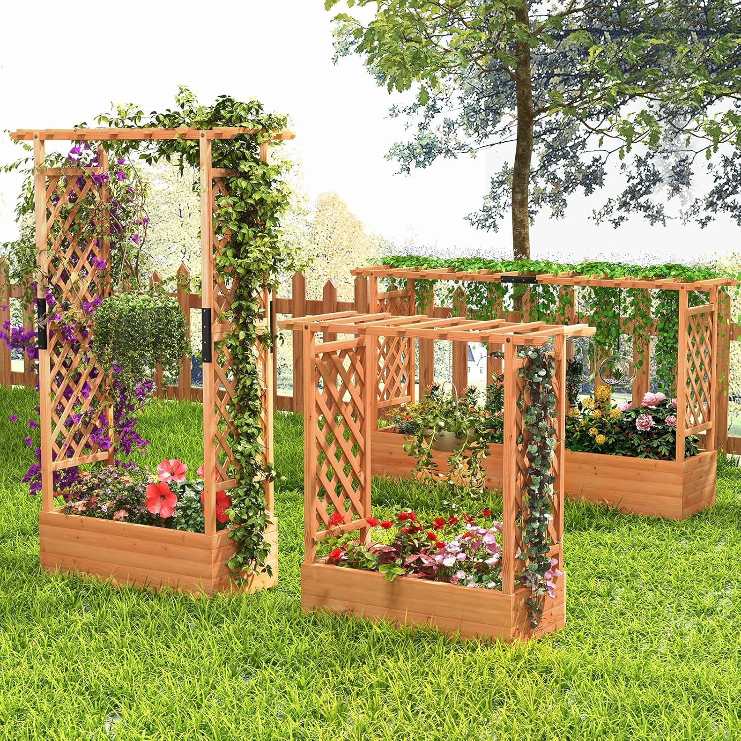 45-Inch Raised Garden Bed with Arch Trellis, Hanging Roof, Planter Box, Drainage Holes, Vertical Plant Container for Vine Climbing Plant Flower, Standing Wood Planter for Garden Patio Yard