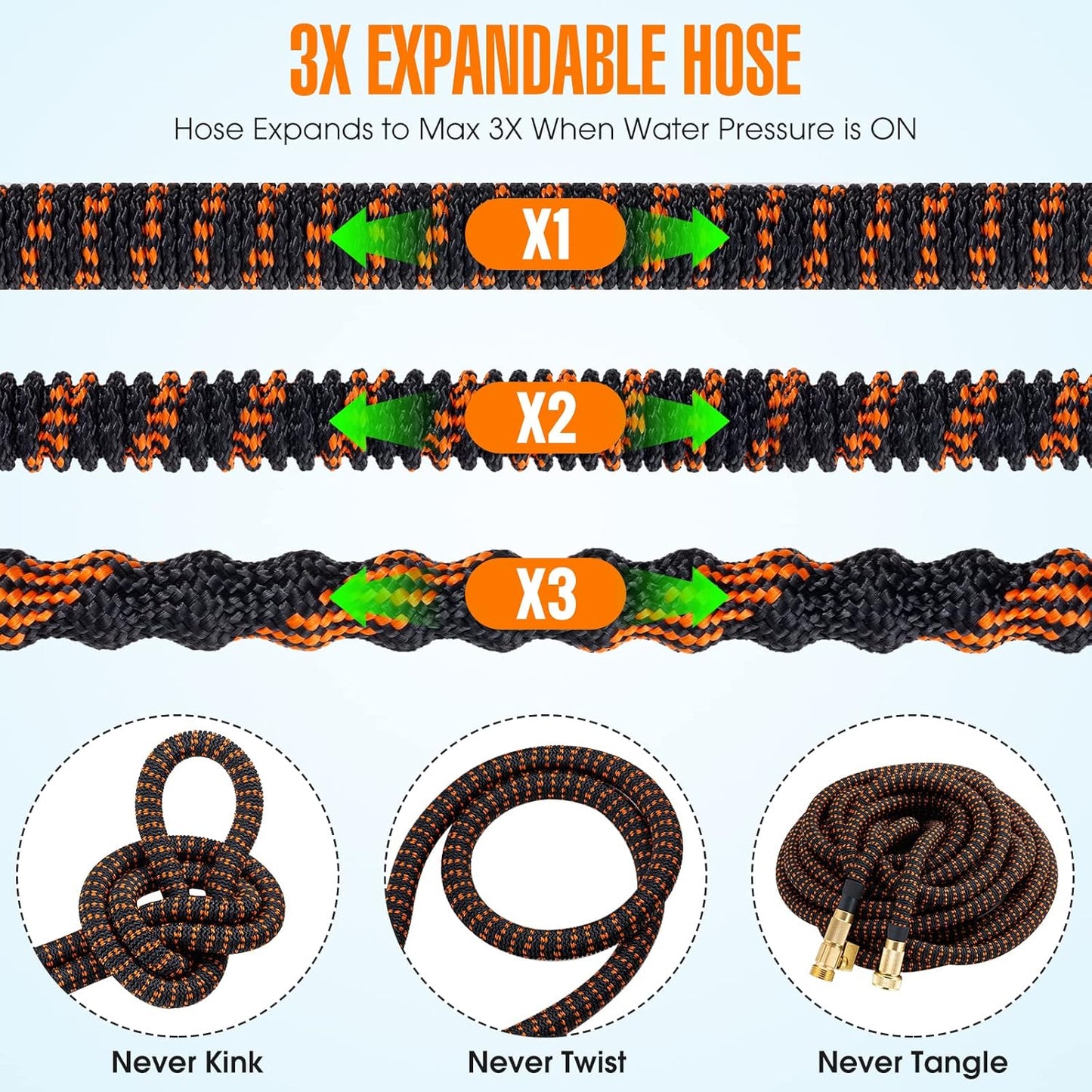 100 Ft Expandable Garden Hose - 2025 New Kink Free Flexible Water Hose 100Ft with 10 Pattern Spray Nozzle, Leakproof Solid Brass Connectors, Retractable Latex Core - Lightweight Expanding Hose