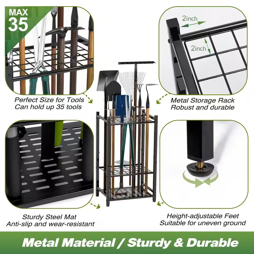 3-Tier Garden Tool Organizer for Garage Organization up to 35 Long-Handled Tools/Rakes/Brooms